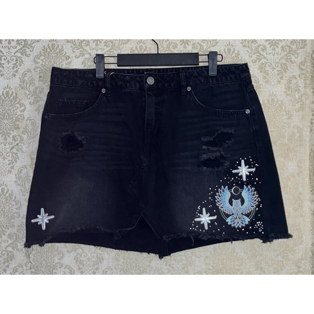 Black Owl Celestial Women's Denim Jean Skirt Upcycled Sz. XL Whimsigoth Whimsy